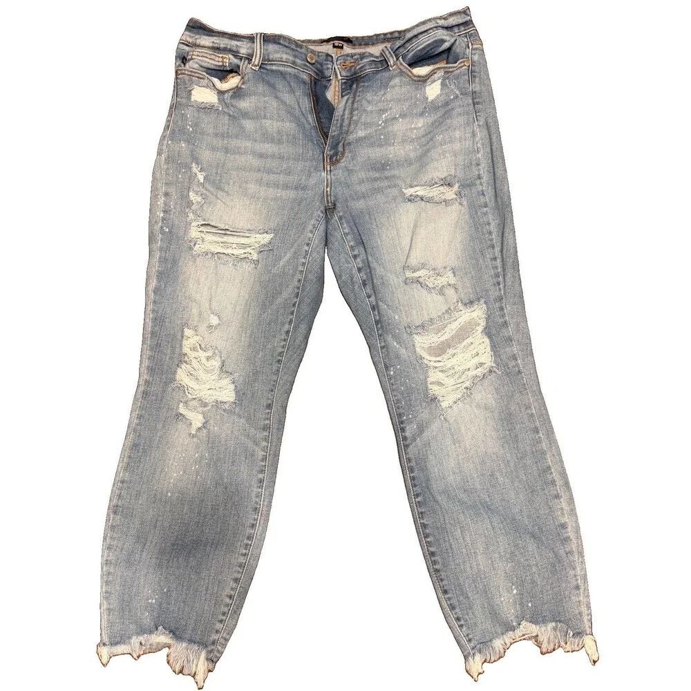 Judy Blue Women’s 18W Boyfriend Fit Distressed Stretch Blue Denim Jeans Raw Hem